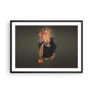 Affiche dans un cadre noir - Poster - Portrait d'une femme aux motifs d'automne et un chat - 70x50cm - Sort de sorcière - Décoration murale moderne pour le salon et la chambre ARTTOR