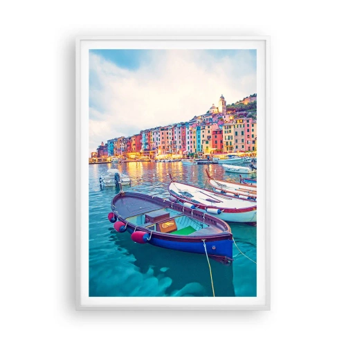 Affiche dans un cadre blanc - Poster - Soirée colorée au port - 70x100 cm