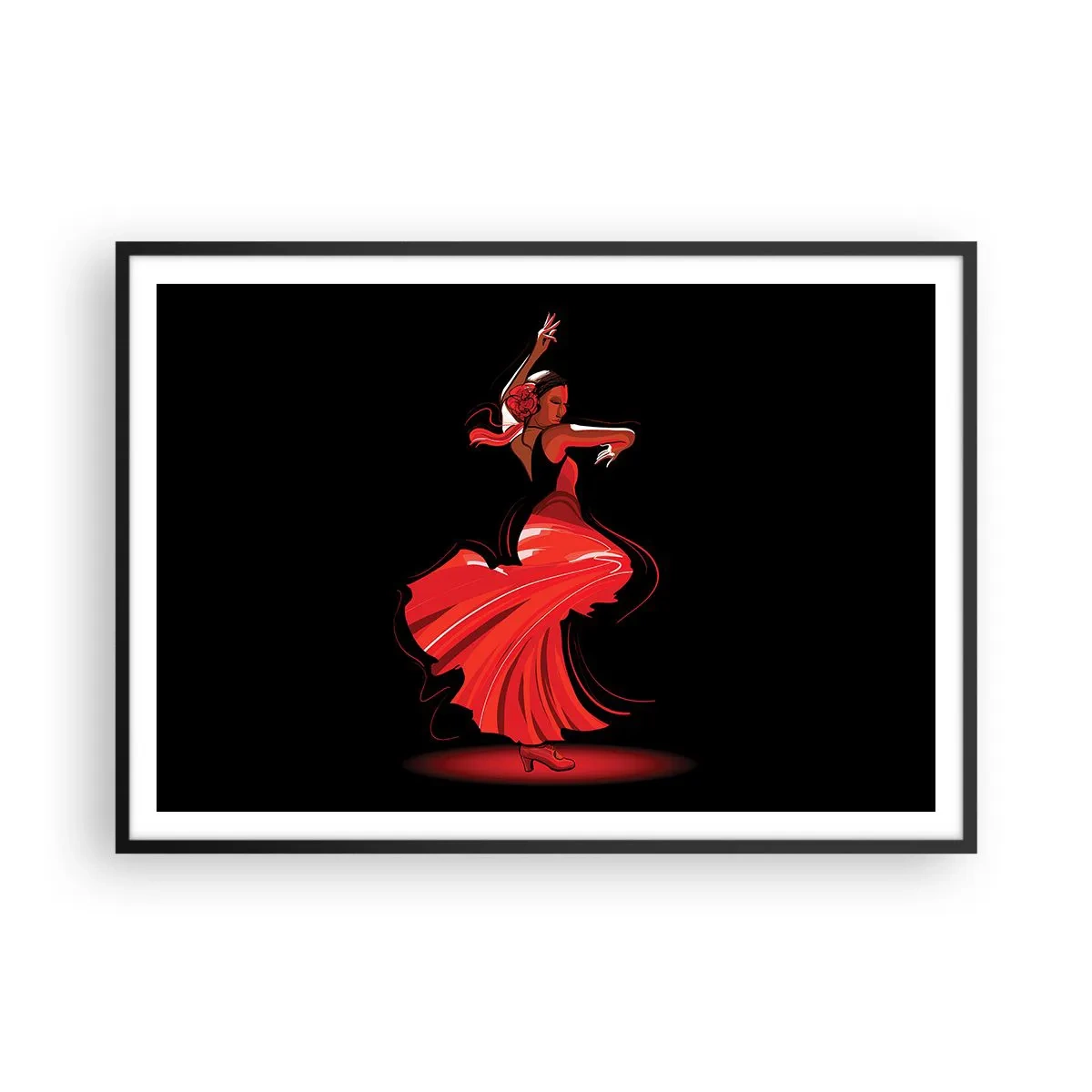 Affiche dans un cadre noir - Poster - Danseuse de flamenco en robe rouge sur fond noir - 100x70cm - L'esprit fougueux du flamenco - Décoration murale moderne pour le salon et la chambre ARTTOR