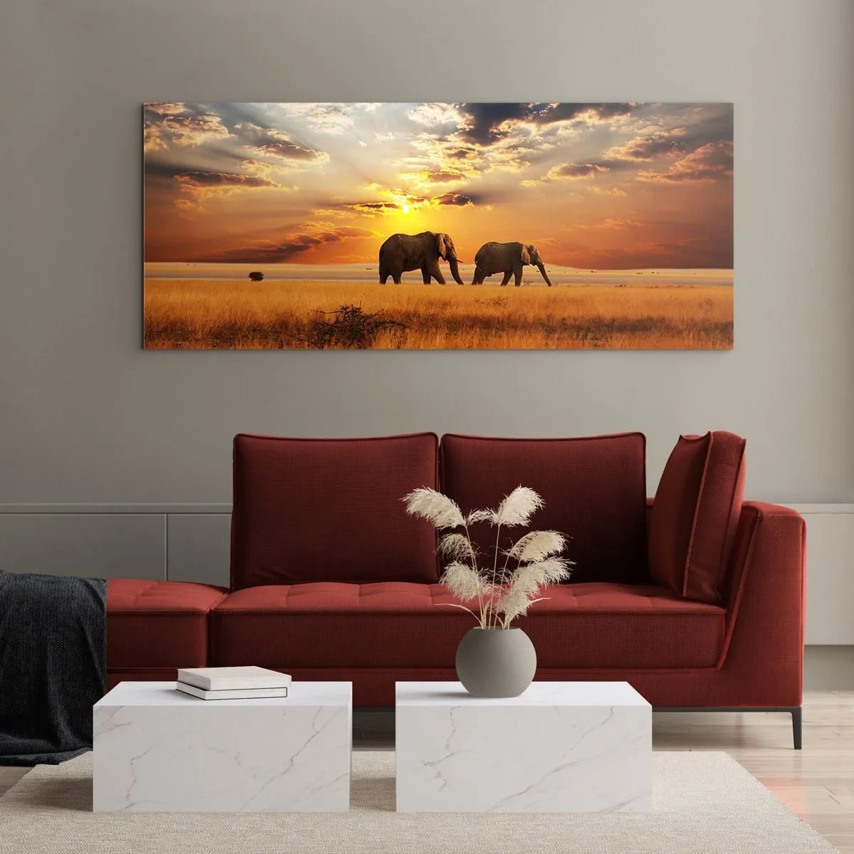 Impression sur verre - Image sur verre - Éléphants dans la savane au coucher du soleil - 160x50cm - Déambulation familliale - Décoration murale moderne pour le salon et la chambre ARTTOR