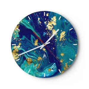 Horloge murale - Pendule murale - Paillettes d'or sur un fond abstrait bleu-turquoise - 30x30cm - Les pétales du soleil - Décoration murale moderne pour le salon, la cuisine et la chambre ARTTOR