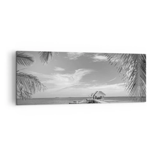 Impression sur toile - Image sur toile - Plage noire et blanche avec jetée et palmiers sur une côte tropicale - 140x50cm - Souvenirs ou rêve? - Décoration murale moderne pour le salon et la chambre ARTTOR