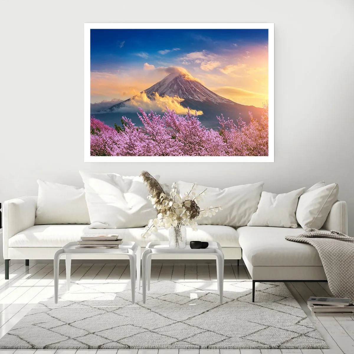 Affiche - Poster - Mont Fuji avec des cerisiers en fleurs en arrière-plan au coucher du soleil - 100x70cm - Sainteté japonaise - Décoration murale moderne pour le salon et la chambre ARTTOR