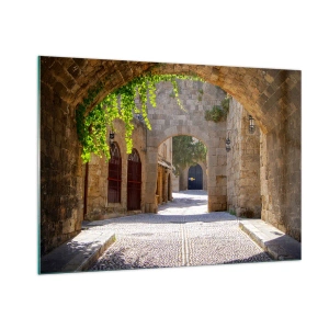 Impression sur verre - Image sur verre - Une rue en pierre avec des arches et des vignes au soleil - 100x70cm - Le cortège apparaîtra bientôt - Décoration murale moderne pour le salon et la chambre ARTTOR