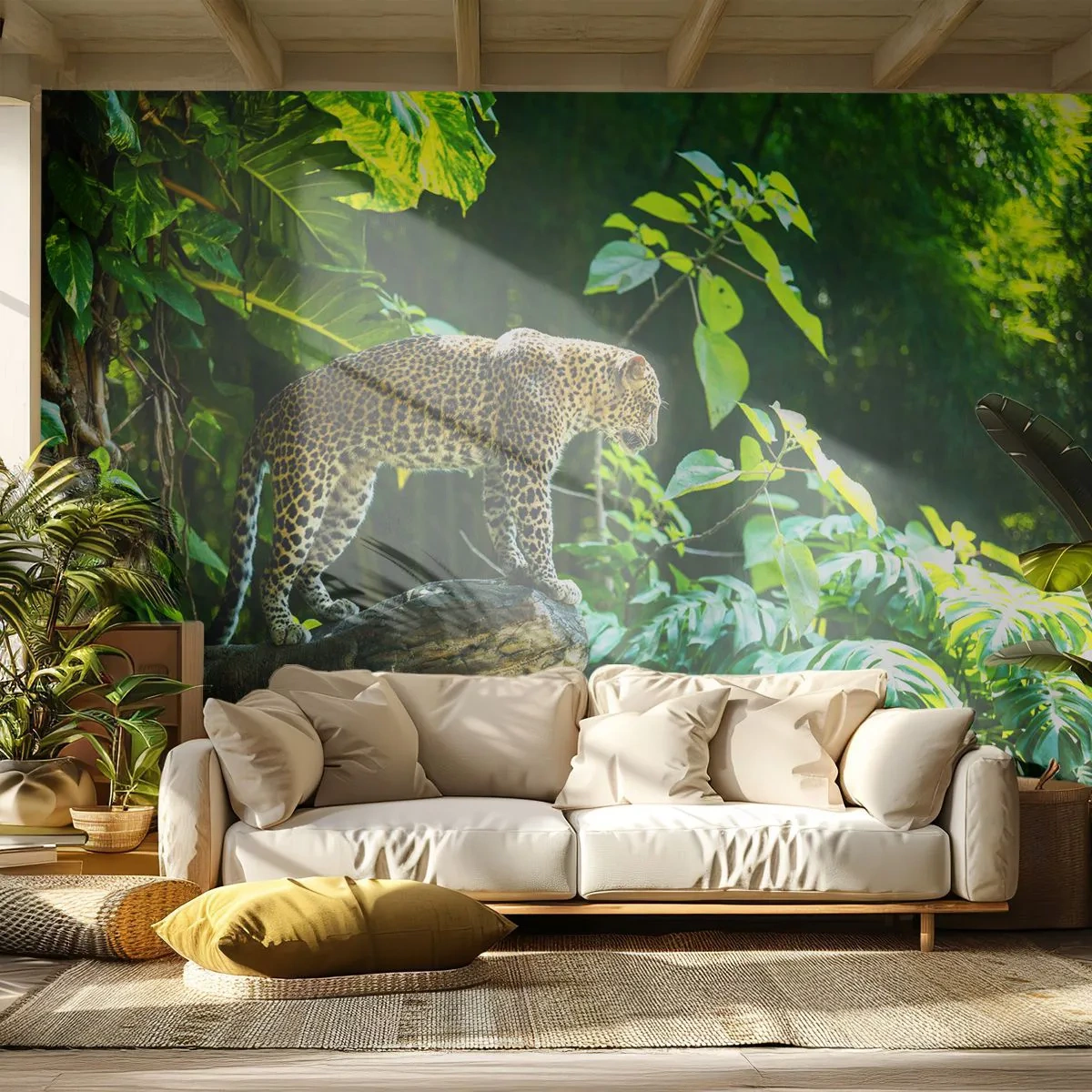 Papier Peint Photo Premium Canvas - À la chasse? - Jungle, léopard, Tropiques - 450x315 cm