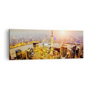 Impression sur toile - Image sur toile - Panorama de la ville avec des gratte-ciels au coucher du soleil - 140x50cm - Rêve asiatique - Décoration murale moderne pour le salon et la chambre ARTTOR