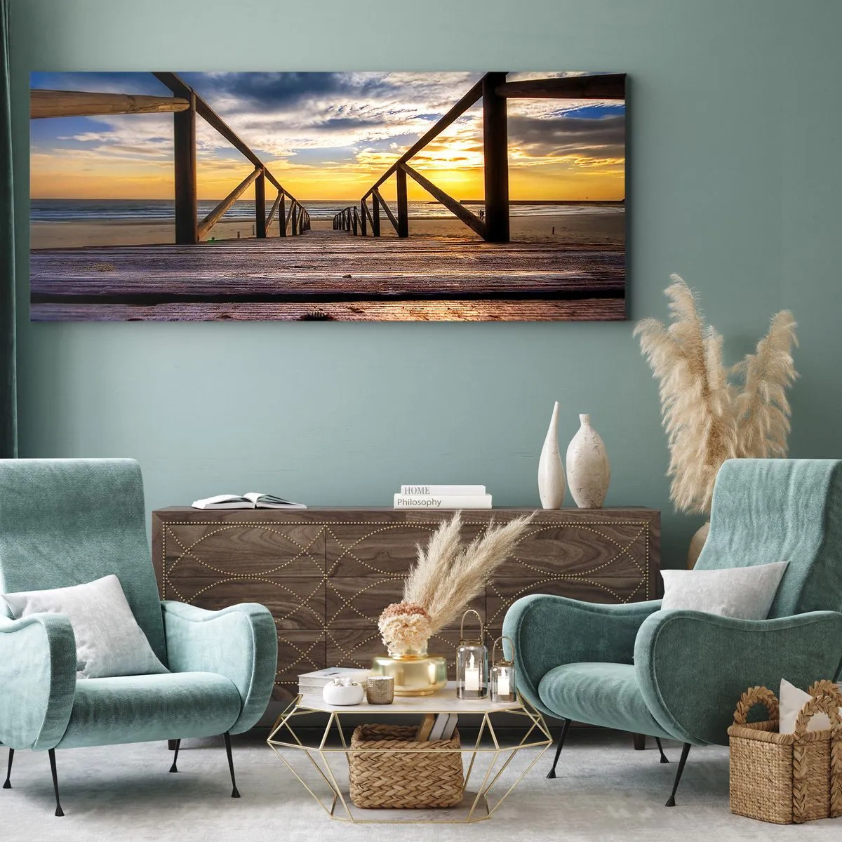 Impression sur toile - Image sur toile - Jetée en bois menant à la plage au coucher du soleil - 120x50cm - Directement sur une plage calme au coucher de soleil - Décoration murale moderne pour le salon et la chambre ARTTOR