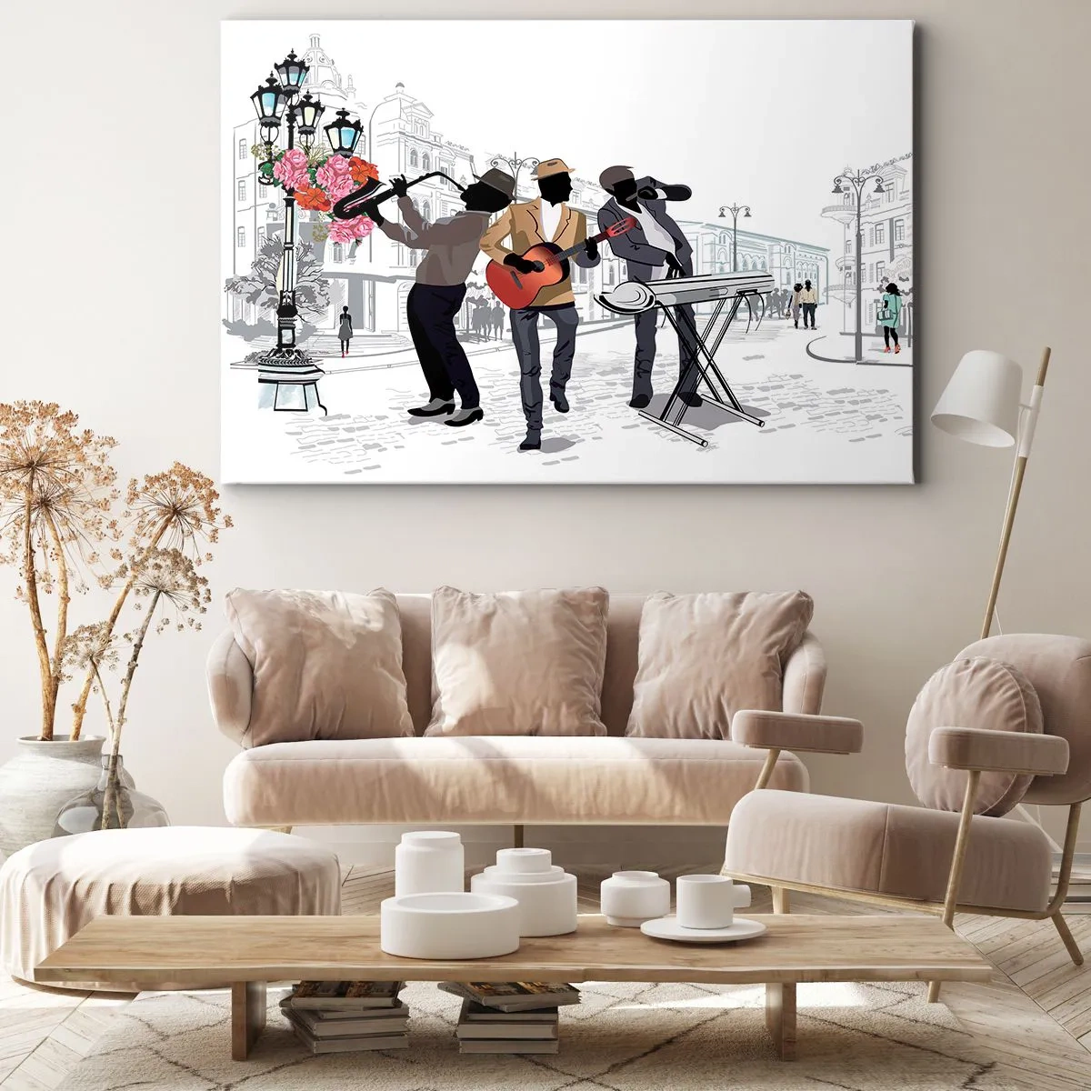 Impression sur toile - Image sur toile - Des musiciens de rue jouent dans un paysage urbain - 120x80cm - Musique de rue - Décoration murale moderne pour le salon et la chambre ARTTOR