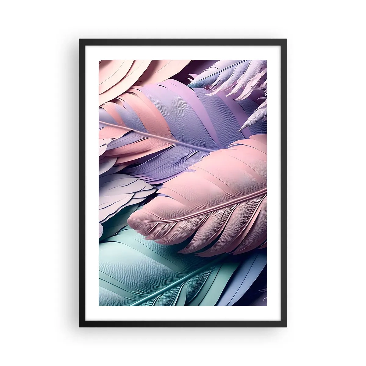 Affiche dans un cadre noir - Poster - Plumes pastel aux tons délicats - 50x70cm - Oiseau chic - Décoration murale moderne pour le salon et la chambre ARTTOR