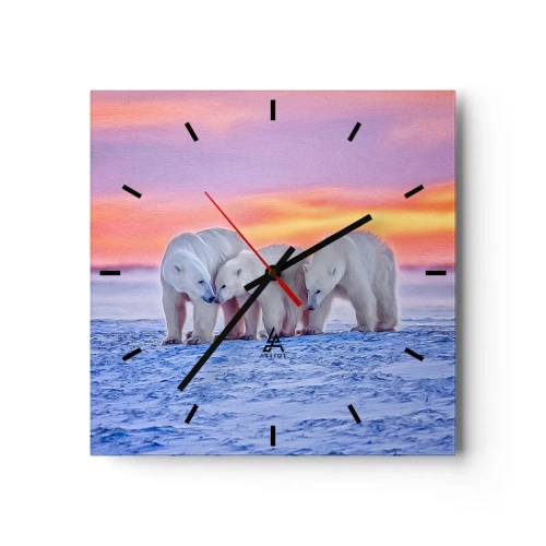 Horloge murale - Pendule murale - Trois ours polaires sur fond de coucher de soleil arctique - 30x30cm - La chaleur familiale suffit - Décoration murale moderne pour le salon et la chambre ARTTOR