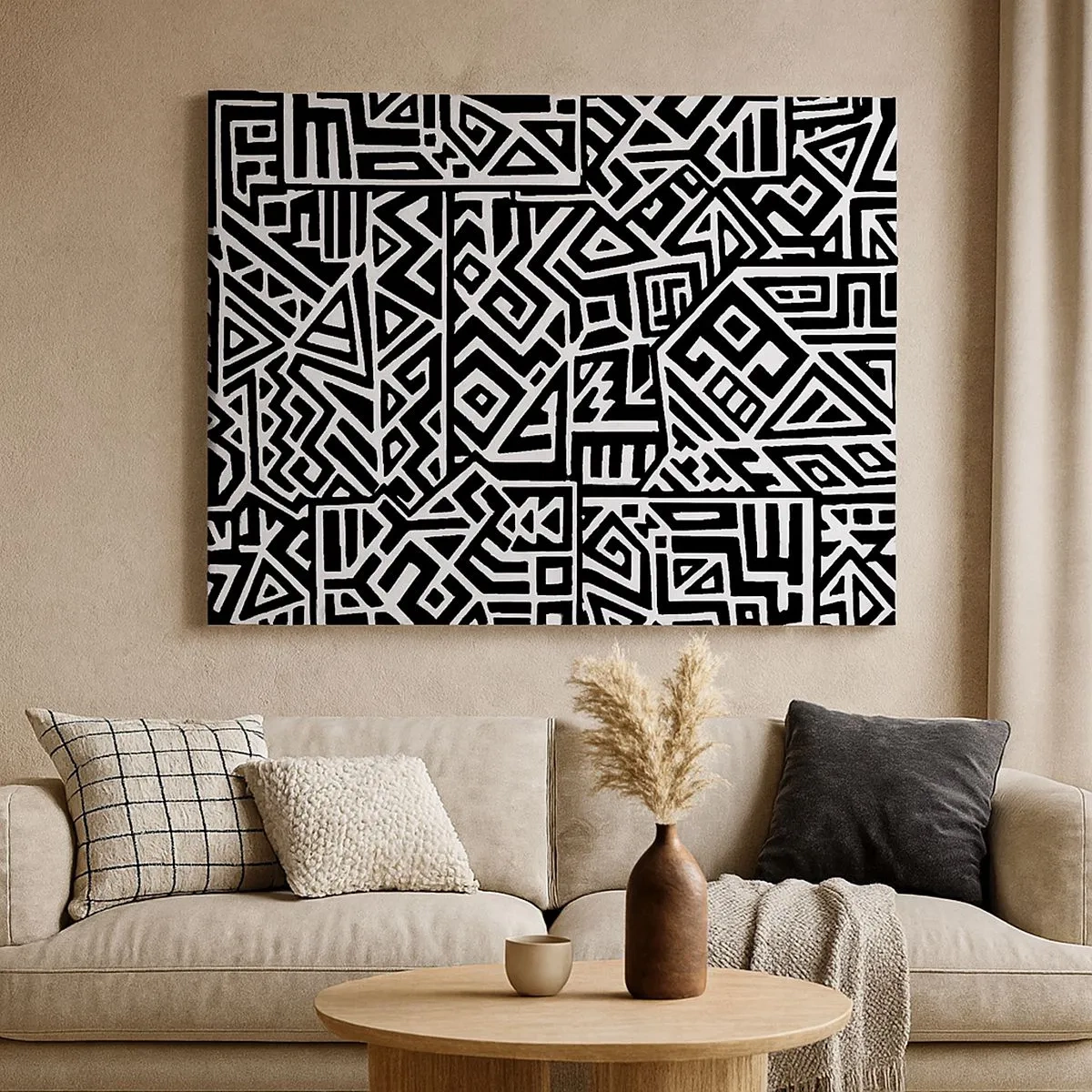 Impression sur toile - Image sur toile - Motifs géométriques noirs et blancs inspirés de la culture précolombienne - 70x50cm - Composition précolombienne - Décoration murale moderne pour le salon et la chambre ARTTOR