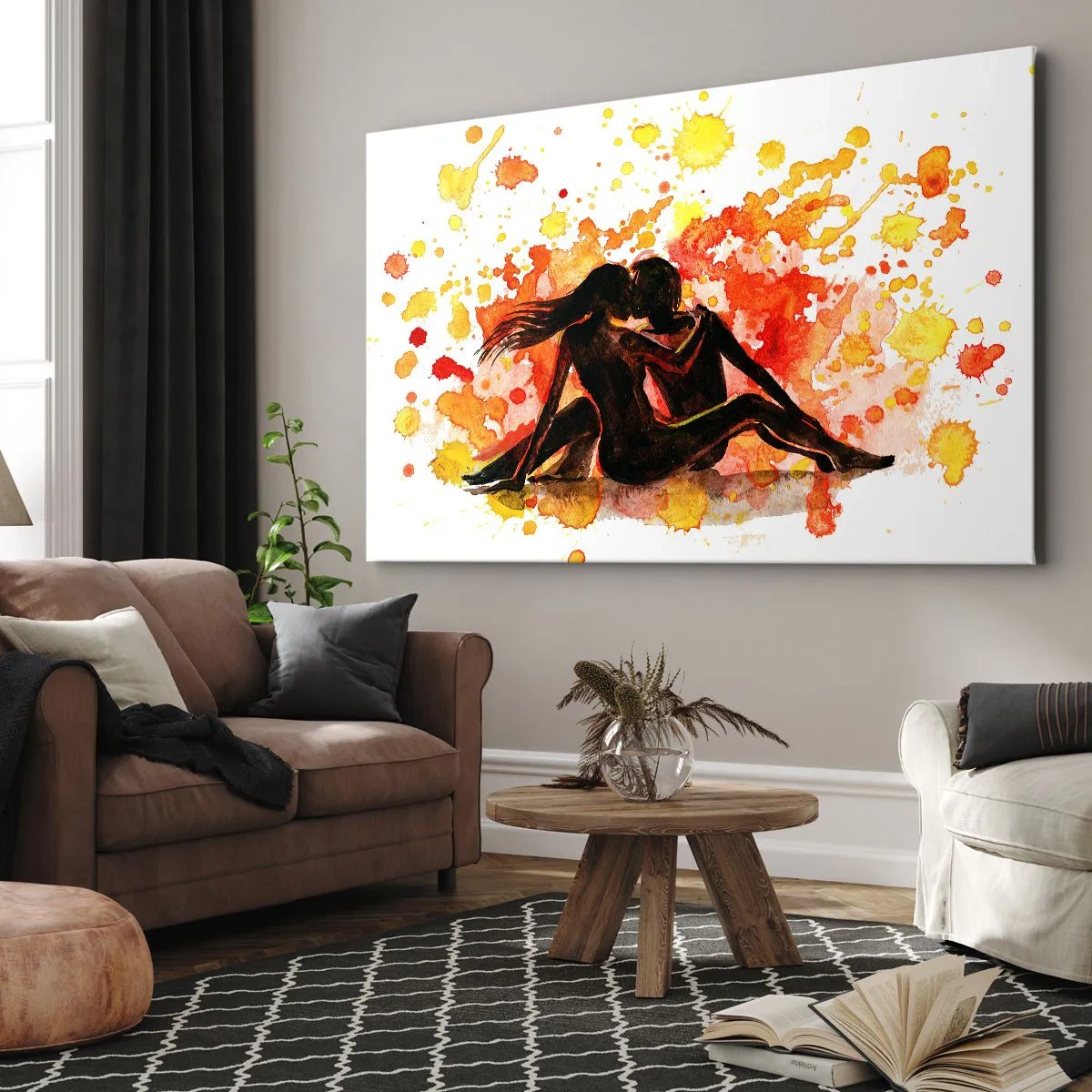 Impression sur toile - Image sur toile - Une aquarelle romantique de deux personnes aux couleurs chaudes. - 100x70cm - Et la lumière fut - Décoration murale moderne pour le salon et la chambre ARTTOR