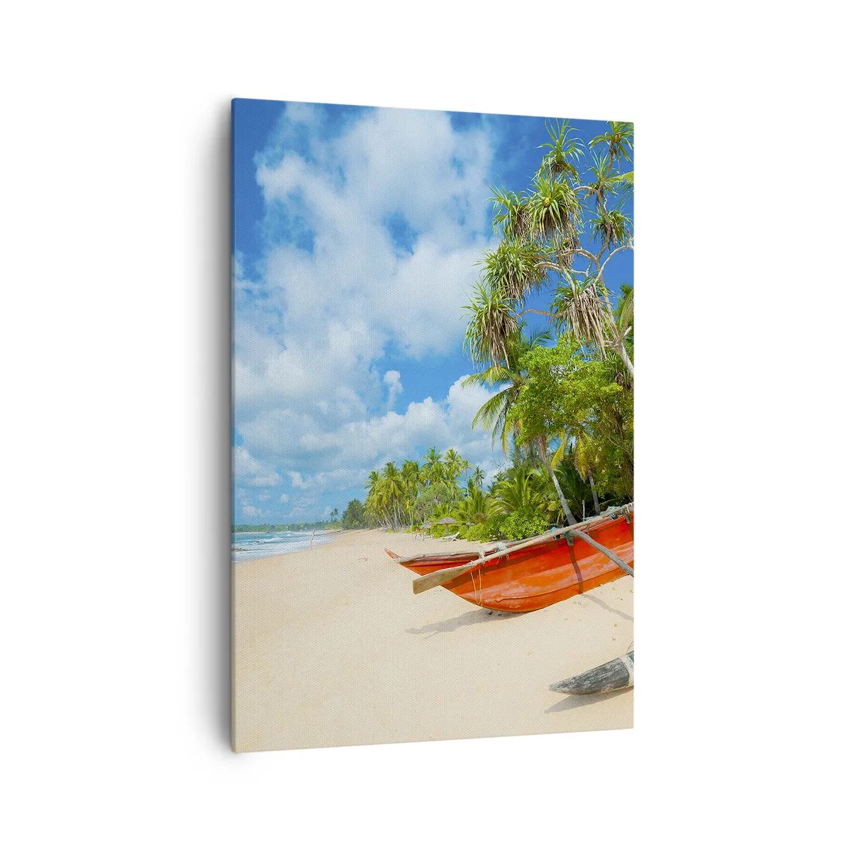 Impression sur toile - Image sur toile - Plage tropicale avec palmiers et bateaux colorés - 70x100cm - Le charme des tropiques - Décoration murale moderne pour le salon et la chambre ARTTOR