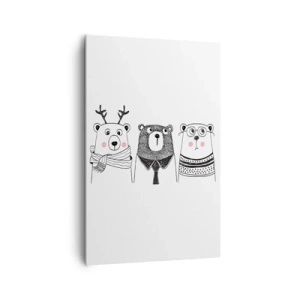 Impression sur toile - Image sur toile - Trois ours rigolos dans un style minimaliste - 80x120cm - Ours en peluche, petit ours en peluche et doudou - Décoration murale moderne pour le salon et la chambre ARTTOR