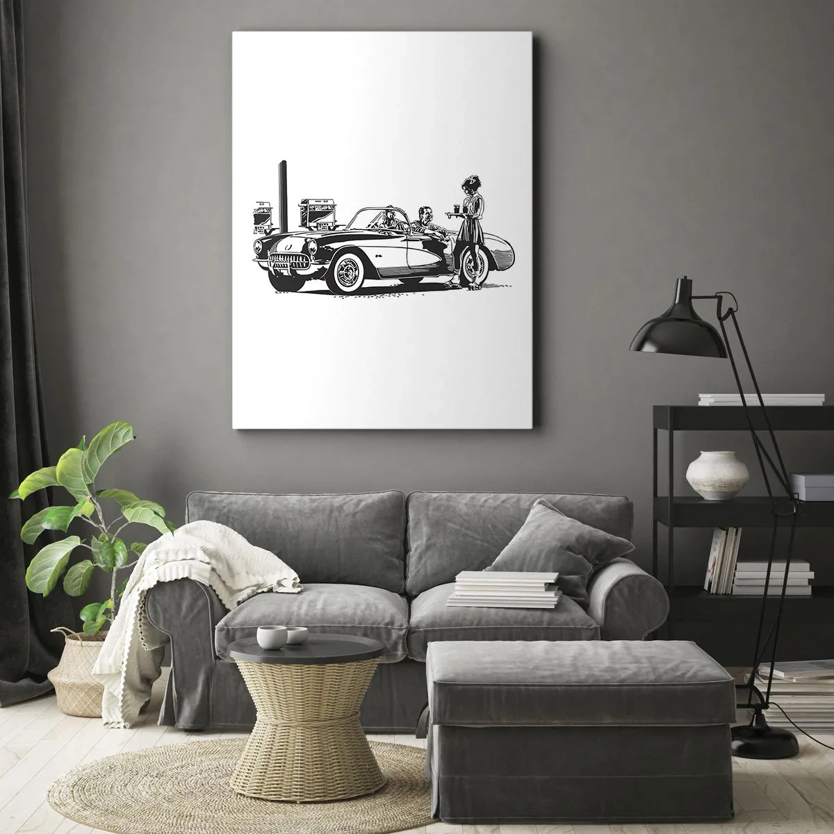 Impression sur toile - Image sur toile - Une scène rétro en noir et blanc avec une voiture et une serveuse en patins à roulettes. - 70x100cm - 60's - Amérique insouciante - Décoration murale moderne pour le salon et la chambre ARTTOR