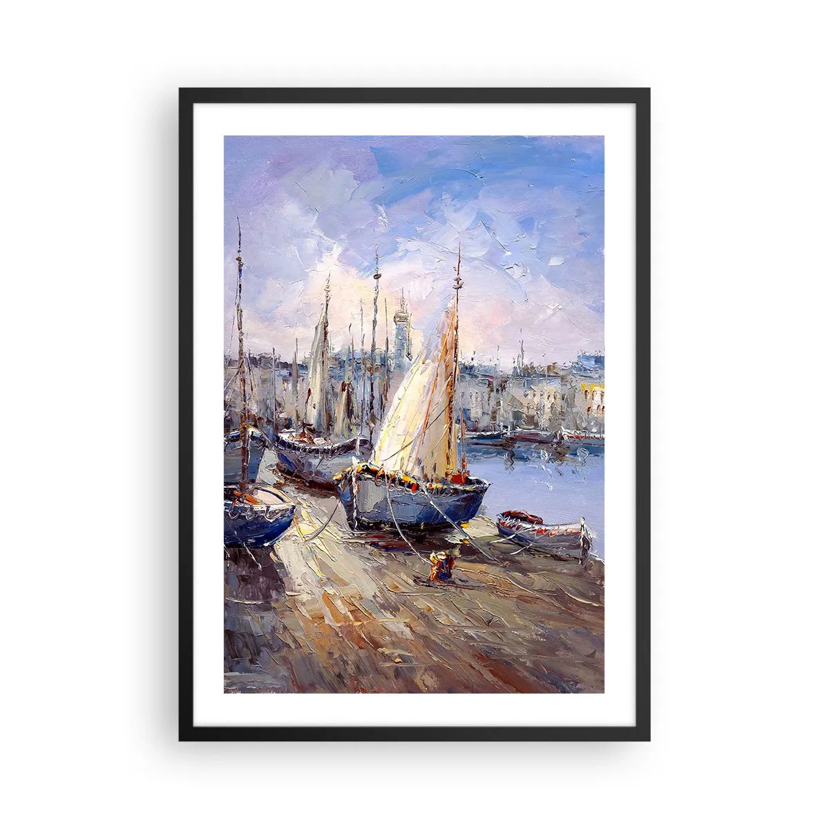 Affiche dans un cadre noir - Poster - Voiliers dans un port pittoresque éclairé par les rayons du soleil - 50x70cm - Une ville au bord de la baie - Décoration murale moderne pour le salon et la chambre ARTTOR