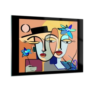 Impression sur verre - Image sur verre - Visages colorés de style cubiste avec des fleurs - 70x50cm - Le Rendez-vous de Picasso - Décoration murale moderne pour le salon et la chambre ARTTOR