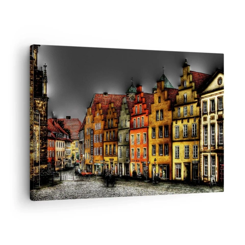 Impression sur toile - Image sur toile - Maisons colorées dans une rue pavée de la ville historique - 70x50cm - La seule chose qui manque est un carrosse enchantée - Décoration murale moderne pour le salon et la chambre ARTTOR