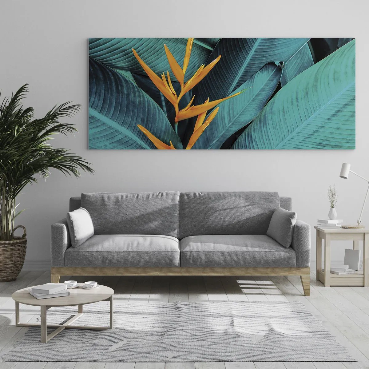 Impression sur verre - Image sur verre - Une fleur exotique sur fond de feuilles de bananier aux tons turquoise. - 120x50cm - Fleur d'Eden - Décoration murale moderne pour le salon et la chambre ARTTOR