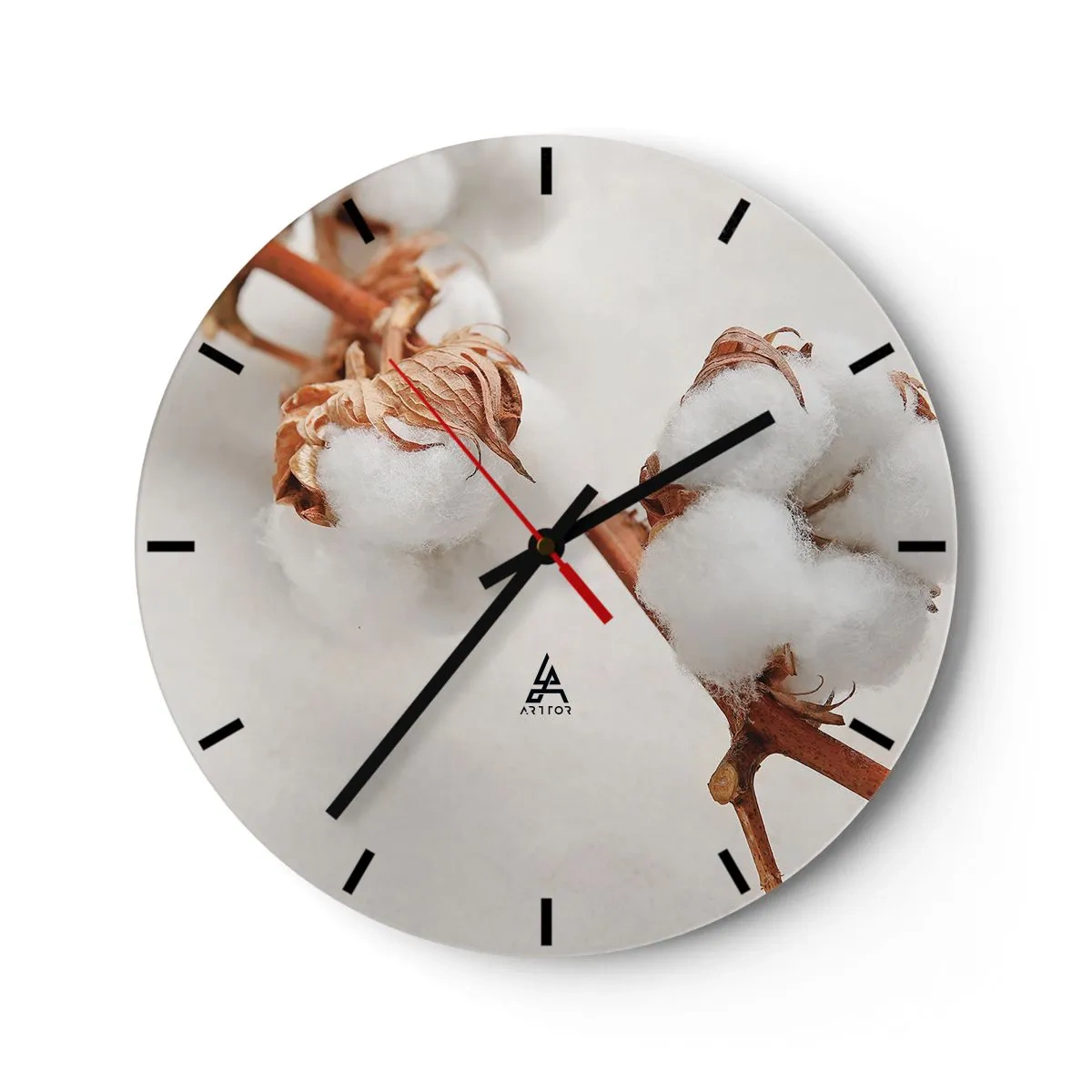 Horloge murale - Pendule murale - Fleurs de coton blanches et duveteuses sur fond clair - 30x30cm - Seulement caliner - Décoration murale moderne pour le salon, la cuisine et la chambre ARTTOR