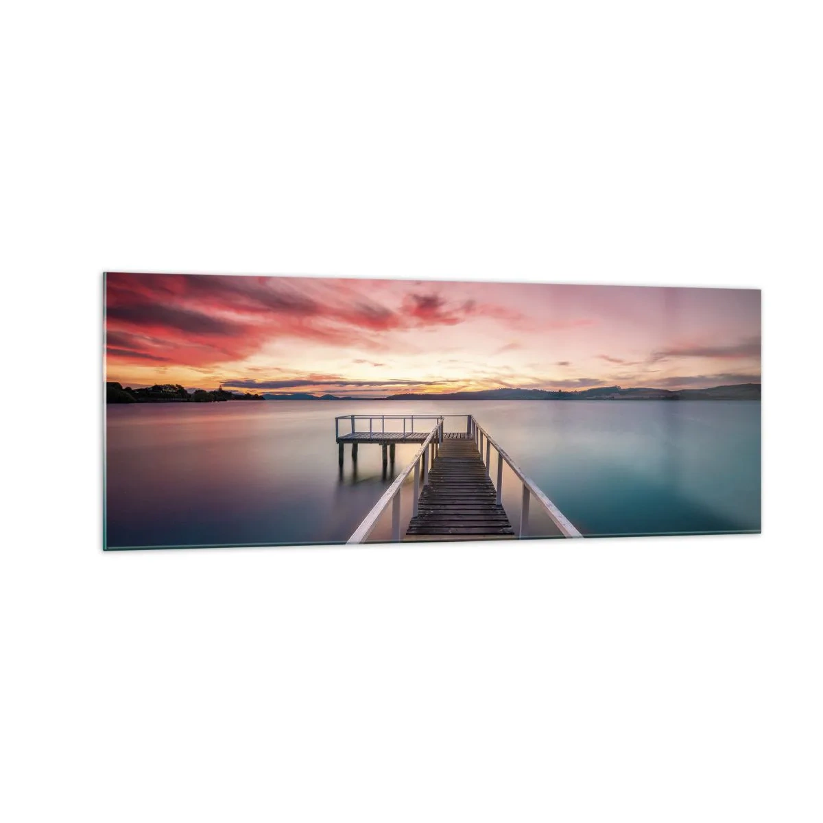 Impression sur verre - Image sur verre - Une jetée menant à un lac tranquille au coucher du soleil - 140x50cm - La douce flamme du soir - Décoration murale moderne pour le salon et la chambre ARTTOR