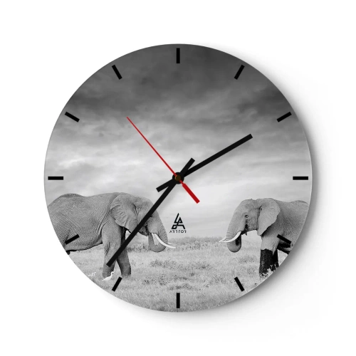 Horloge murale - Pendule murale - Deux éléphants dans la savane en noir et blanc - 30x30cm - Le gris est beau - Décoration murale moderne pour le salon, la cuisine et la chambre ARTTOR