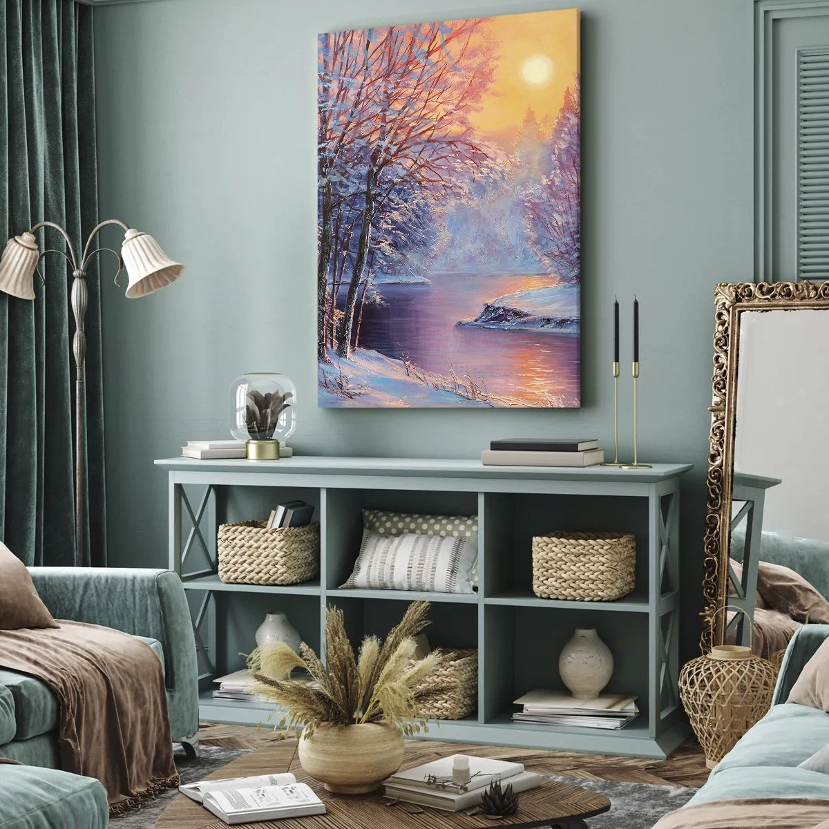 Impression sur toile - Image sur toile - Paysage d'hiver avec rivière et arbres au lever du soleil - 80x120cm - Couleurs d'hiver - Décoration murale moderne pour le salon et la chambre ARTTOR