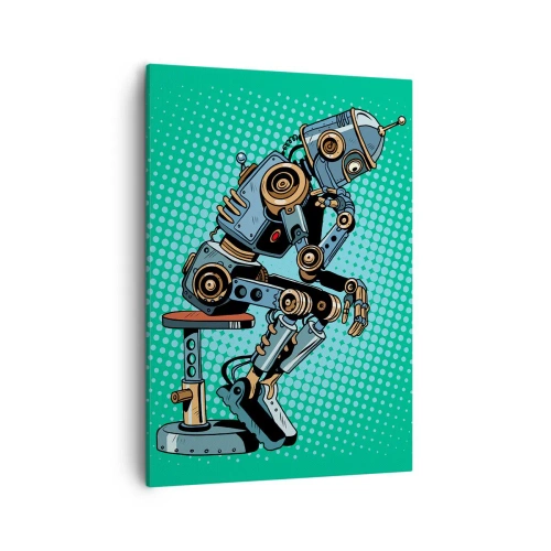 Impression sur toile - Image sur toile - Robot penseur de style pop art sur fond vert - 50x70cm - Au-dessus de l'essence de l'être - Décoration murale moderne pour le salon et la chambre ARTTOR