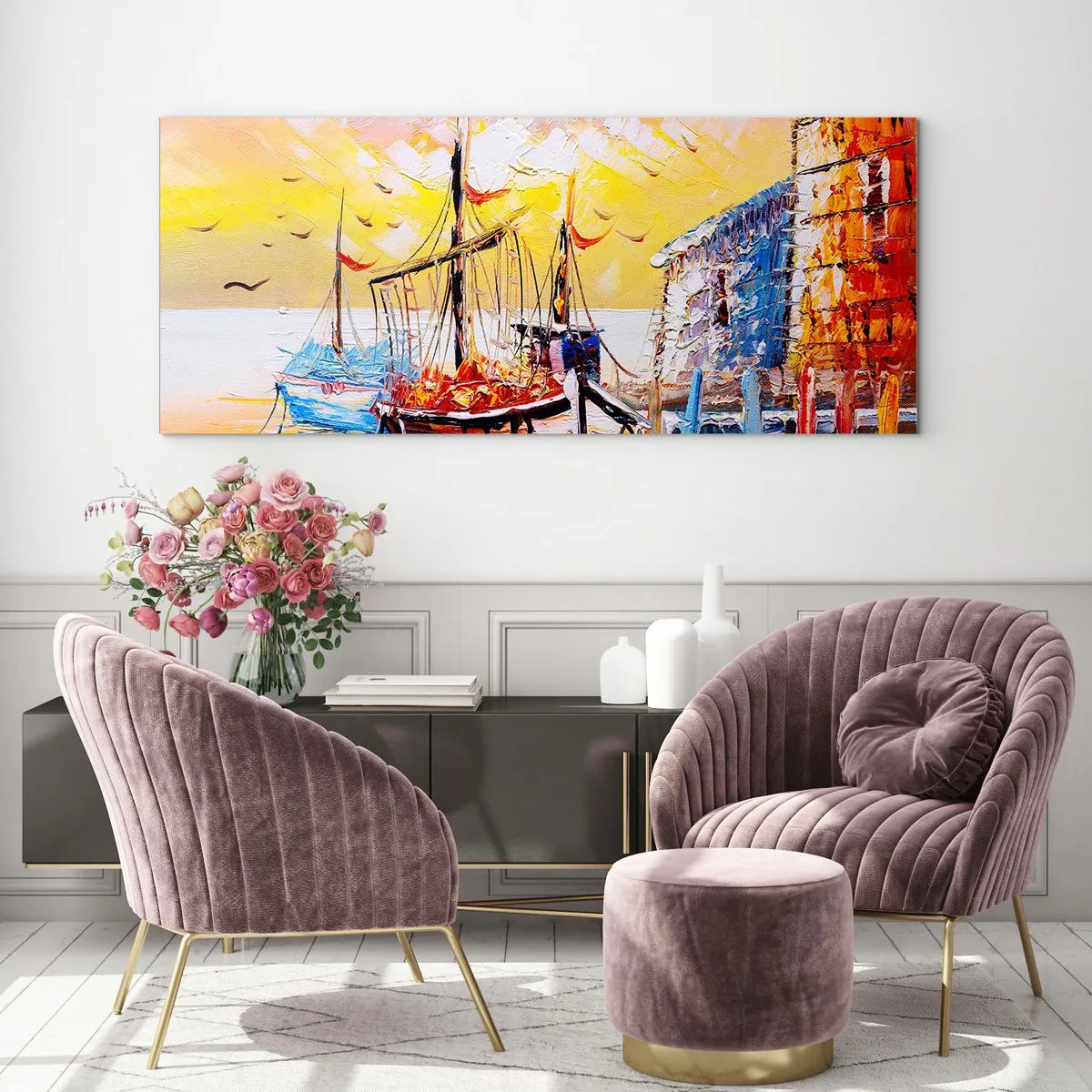 Impression sur verre - Image sur verre - Port pittoresque au coucher du soleil avec des bateaux de pêche - 120x50cm - Bon retour - Décoration murale moderne pour le salon et la chambre ARTTOR