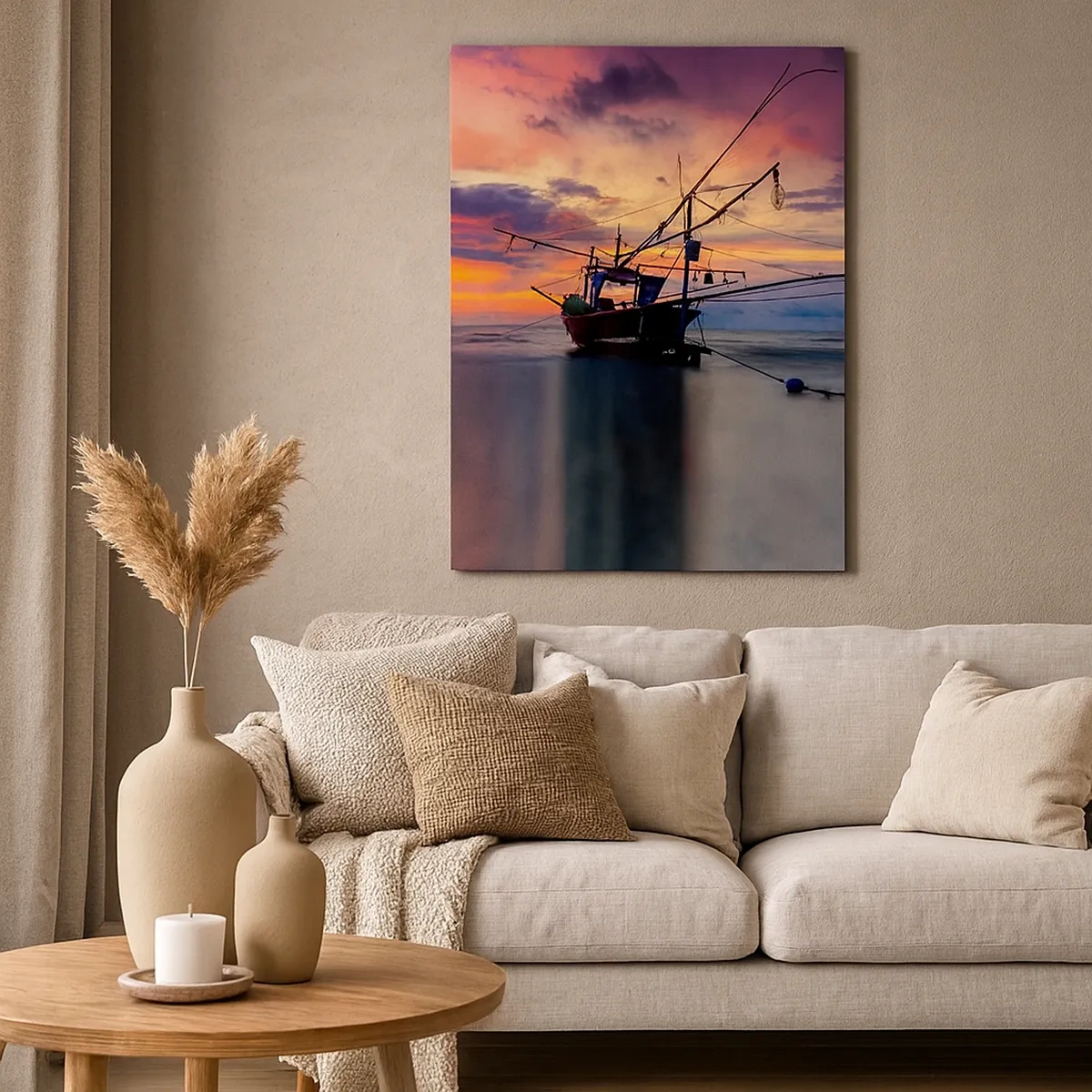 Impression sur toile - Image sur toile - Un bateau de pêche sur fond de coucher de soleil coloré - 50x70cm - Soirée exotique - Décoration murale moderne pour le salon et la chambre ARTTOR