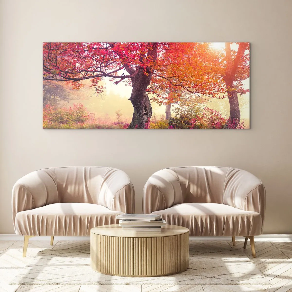 Impression sur verre - Image sur verre - Paysage d'automne avec des arbres aux couleurs intenses - 160x50cm - Frénésie de floraison - Décoration murale moderne pour le salon et la chambre ARTTOR