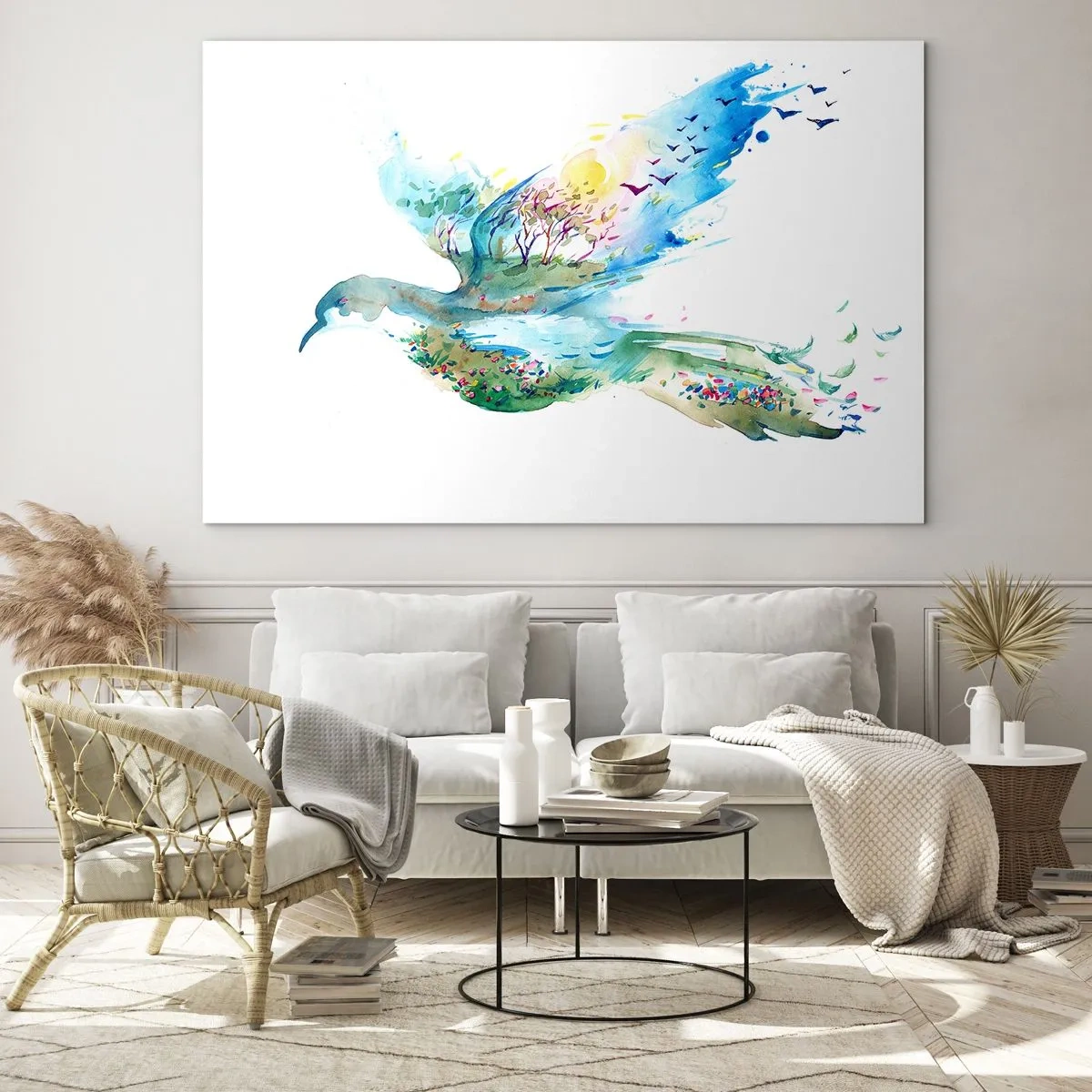 Impression sur verre - Image sur verre - Silhouette aquarelle d'un oiseau avec un paysage en arrière-plan - 100x70cm - Sur les ailes de la nature - Décoration murale moderne pour le salon et la chambre ARTTOR