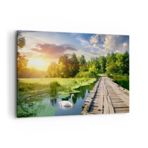 Impression sur toile - Image sur toile - Un paysage pittoresque avec un pont et un cygne - 120x80cm - L'été, l'été partout - Décoration murale moderne pour le salon et la chambre ARTTOR