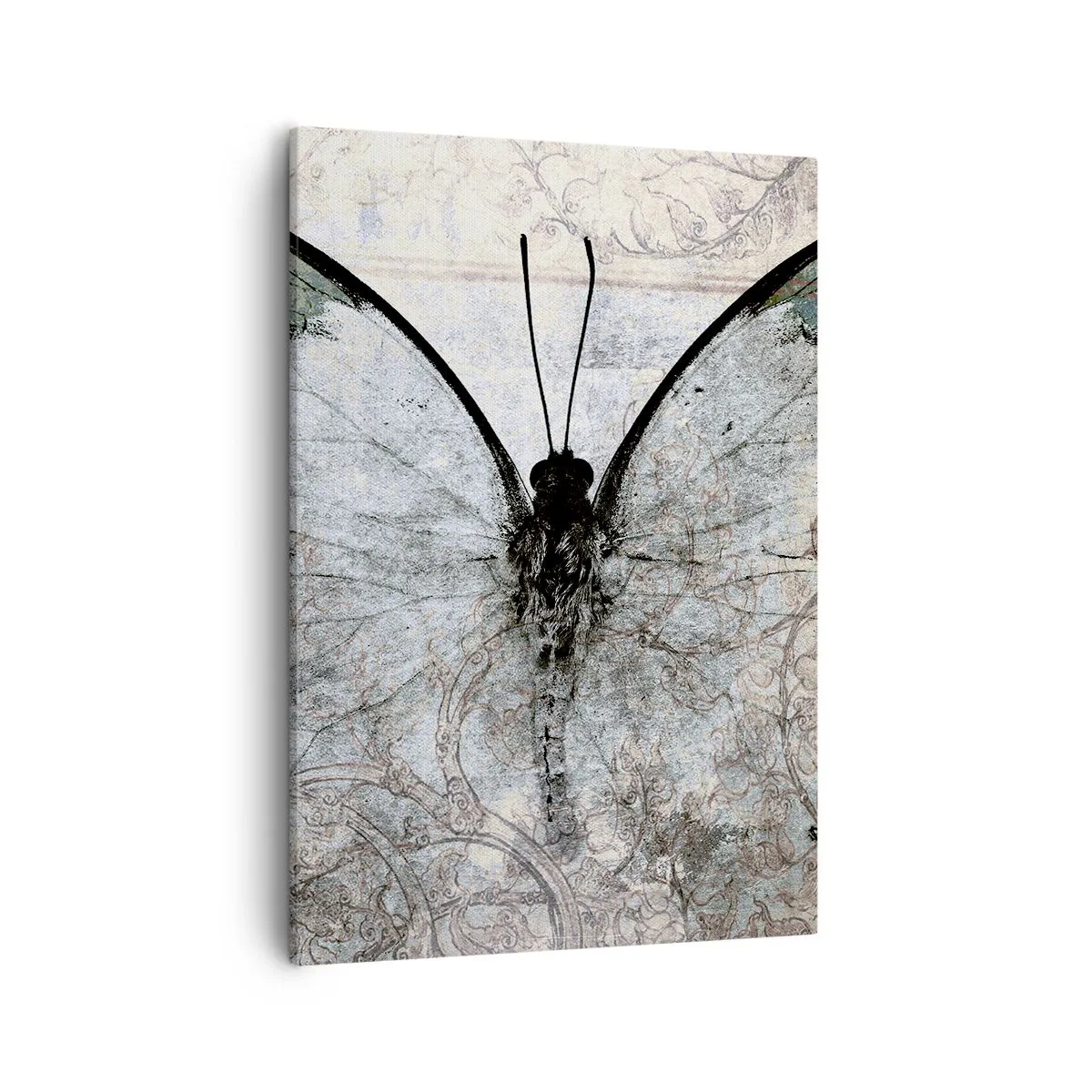 Impression sur toile - Image sur toile - Un papillon dans les tons de vert et de gris sur un fond décoratif - 50x70cm - Dans le style Art Nouveau - Décoration murale moderne pour le salon et la chambre ARTTOR