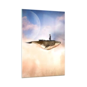 Impression sur verre - Image sur verre - Une baleine fantastique flottant dans les nuages avec une femme sur le dos. - 50x70cm - Voyage irréel - Décoration murale moderne pour le salon et la chambre ARTTOR