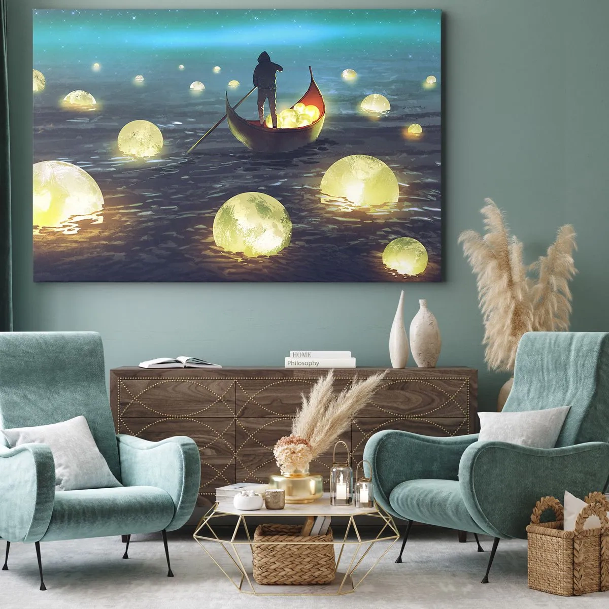 Impression sur toile - Image sur toile - Une silhouette dans un bateau entourée de boules lumineuses sur l'eau - 100x70cm - Des choses dont les philosophes n'ont jamais rêvé - Décoration murale moderne pour le salon et la chambre ARTTOR