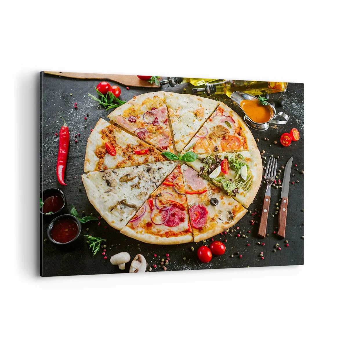 Impression sur toile - Image sur toile - Pizza aux saveurs variées avec un fond de garnitures - 100x70cm - Une gamme de saveurs - Décoration murale moderne pour le salon et la chambre ARTTOR