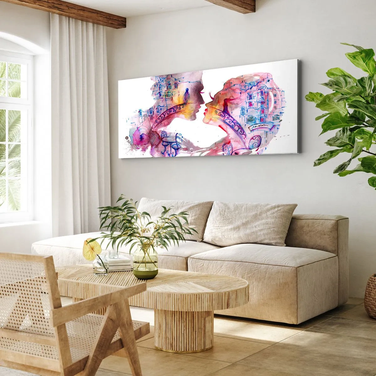 Impression sur toile - Image sur toile - Une aquarelle romantique représentant les silhouettes des amoureux - 140x50cm - Le pont secret des soupirs - Décoration murale moderne pour le salon et la chambre ARTTOR
