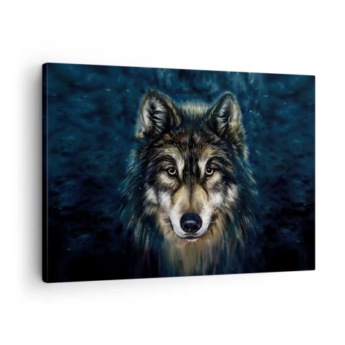 Impression sur toile - Image sur toile - Portrait d'un loup sur fond bleu foncé - 70x50cm - Alpha? Et oméga - Décoration murale moderne pour le salon et la chambre ARTTOR