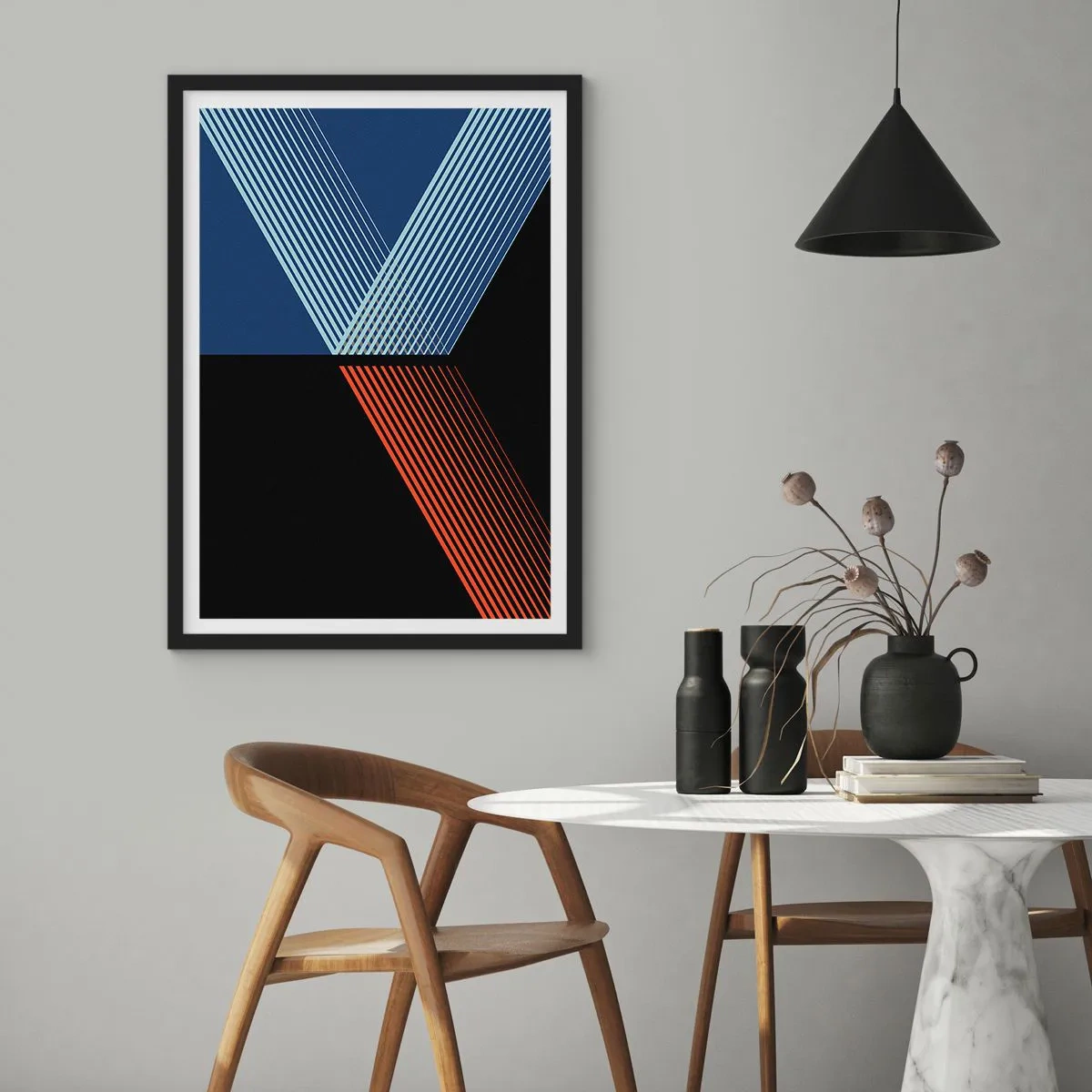Affiche dans un cadre noir - Poster - Composition abstraite de lignes bleues, noires et rouges - 50x70cm - Histoire simple - Décoration murale moderne pour le salon et la chambre ARTTOR