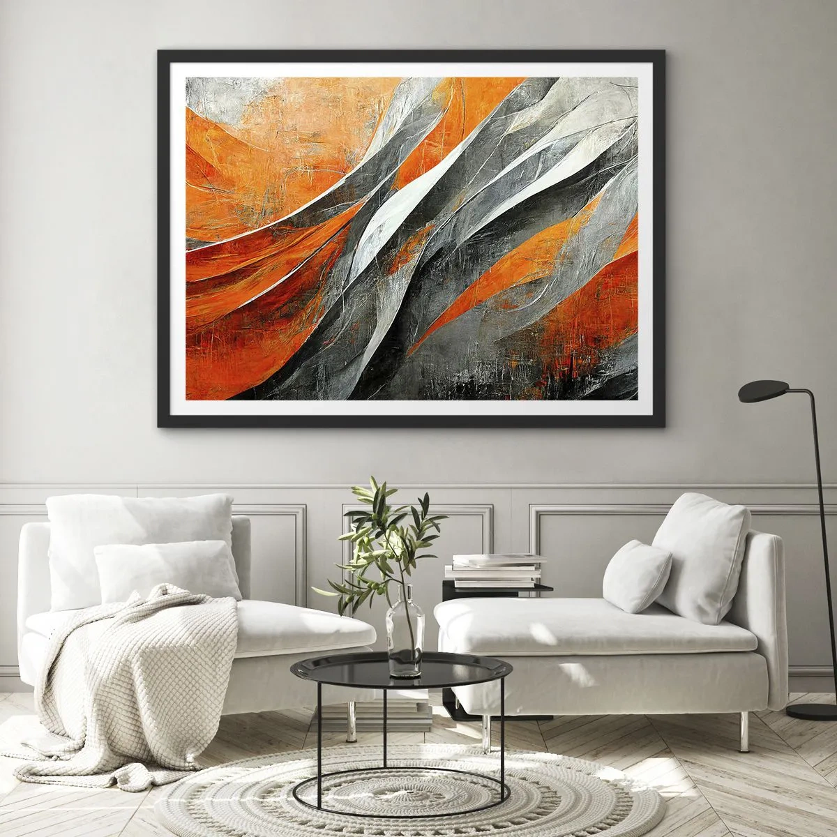 Affiche dans un cadre noir - Poster - Lignes abstraites dans les tons orange et gris - 100x70cm - Chaleur et froid - Décoration murale moderne pour le salon et la chambre ARTTOR