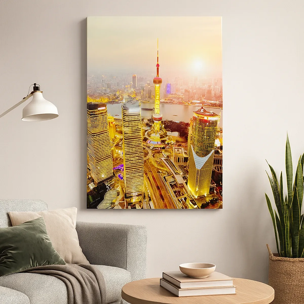 Impression sur toile - Image sur toile - Panorama de la ville avec des gratte-ciels au coucher du soleil - 50x70cm - Rêve asiatique - Décoration murale moderne pour le salon et la chambre ARTTOR