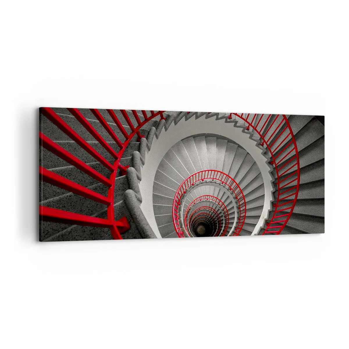 Impression sur toile - Image sur toile - Escalier en colimaçon avec rampes rouges dans une perspective dynamique - 120x50cm - Amusement architectural - Décoration murale moderne pour le salon et la chambre ARTTOR