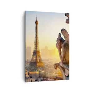 Impression sur toile - Image sur toile - Vue de la Tour Eiffel avec des gargouilles en arrière-plan - 70x100cm - Tellement de choses ont changés... - Décoration murale moderne pour le salon et la chambre ARTTOR