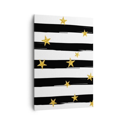 Impression sur toile - Image sur toile - Rayures noires et blanches avec étoiles dorées - 70x100cm - Nous sommes tous nés sous une bonne étoile - Décoration murale moderne pour le salon et la chambre ARTTOR