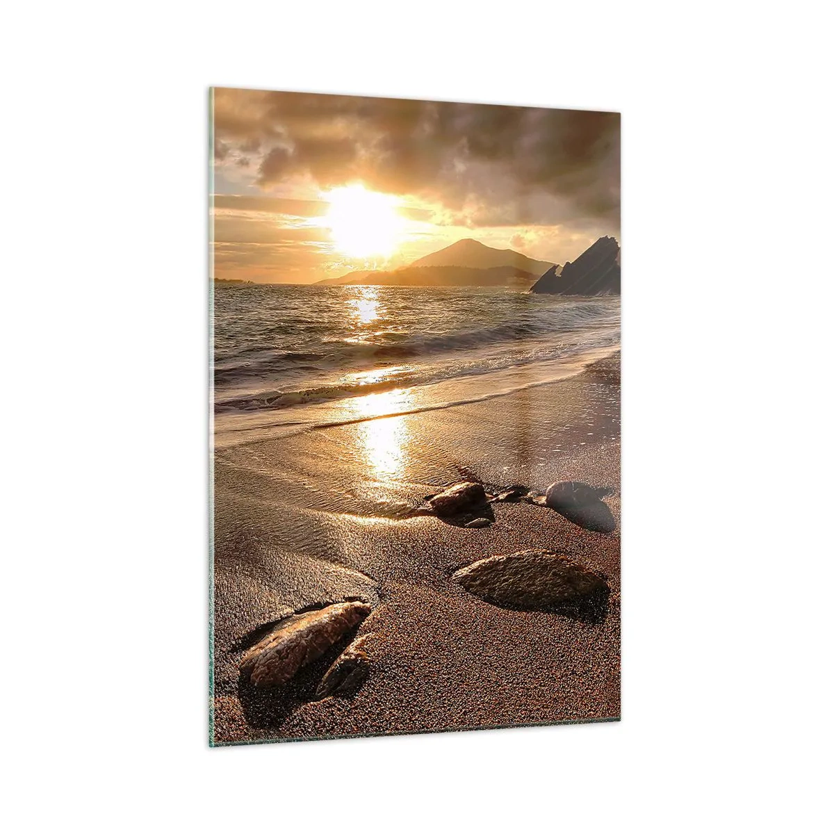 Impression sur verre - Image sur verre - Coucher de soleil sur une plage rocheuse et des collines - 50x70cm - Suivez le soleil sur les collines - Décoration murale moderne pour le salon et la chambre ARTTOR