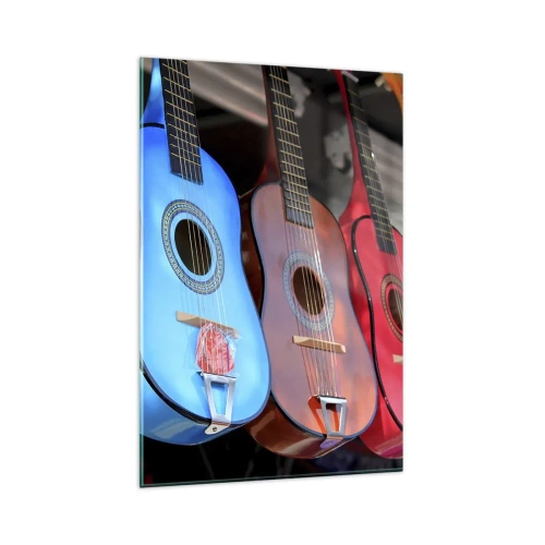 Impression sur verre - Image sur verre - Des guitares acoustiques colorées sont accrochées en rangée dans une exposition - 80x120cm - Ambiance latine - Décoration murale moderne pour le salon et la chambre ARTTOR