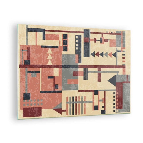 Impression sur verre - Image sur verre - Motif géométrique abstrait dans les tons beige et rouge - 70x50cm - Une combinaison de verticaux et d'horizontaux - Décoration murale moderne pour le salon et la chambre ARTTOR