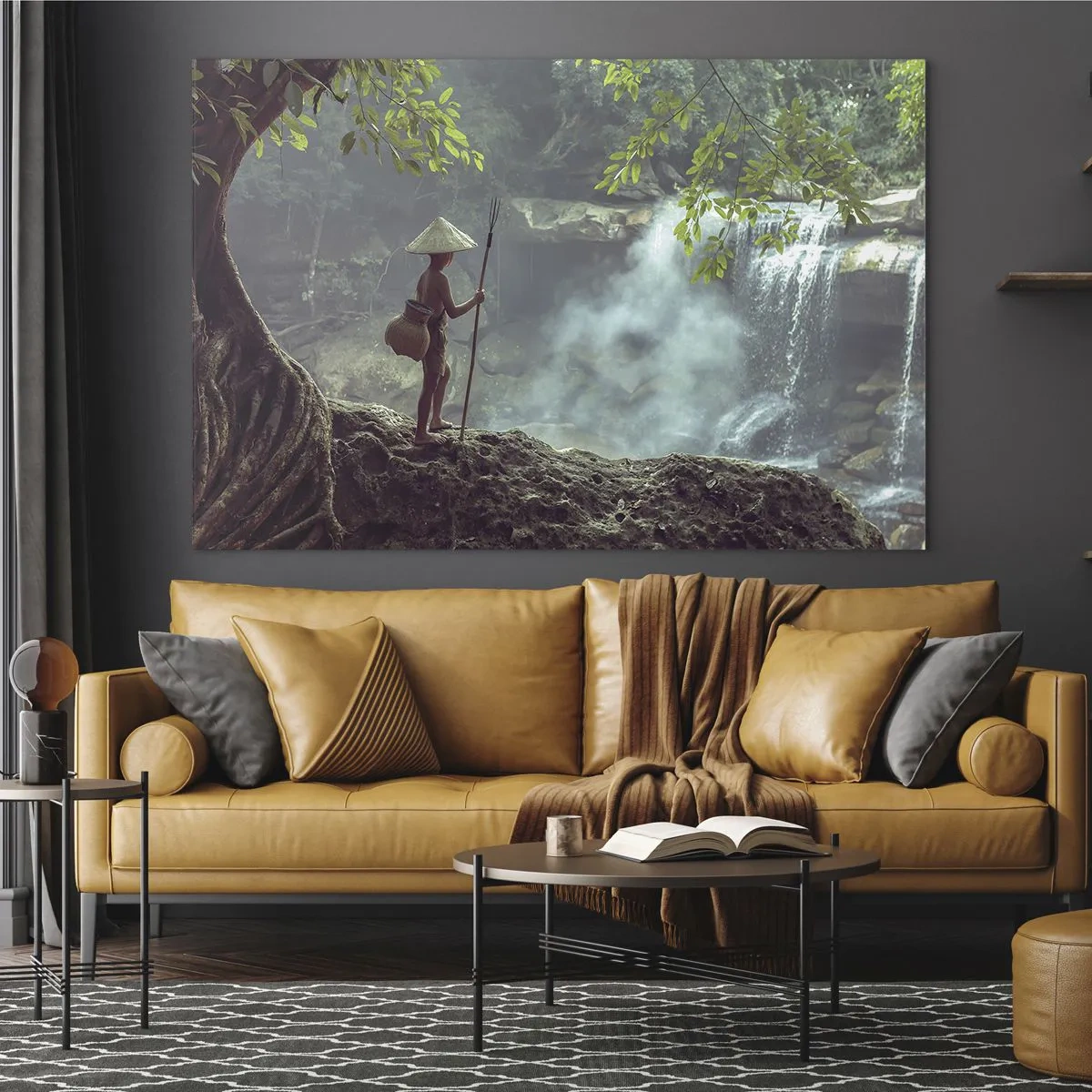Impression sur verre - Image sur verre - Un garçon avec une lance près d'une cascade dans la forêt tropicale - 100x70cm - Lier d'amitié avec la nature - Décoration murale moderne pour le salon et la chambre ARTTOR