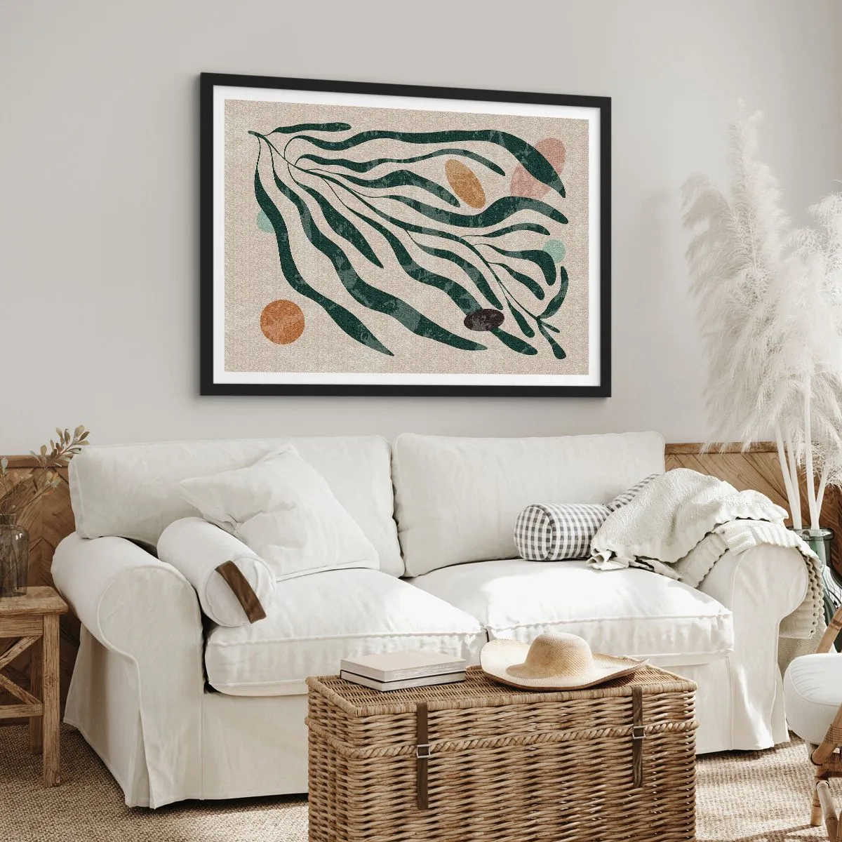 Affiche dans un cadre noir - Poster - Lignes et formes organiques en vert et beige - 70x50cm - Parmi la verdure - Décoration murale moderne pour le salon et la chambre ARTTOR